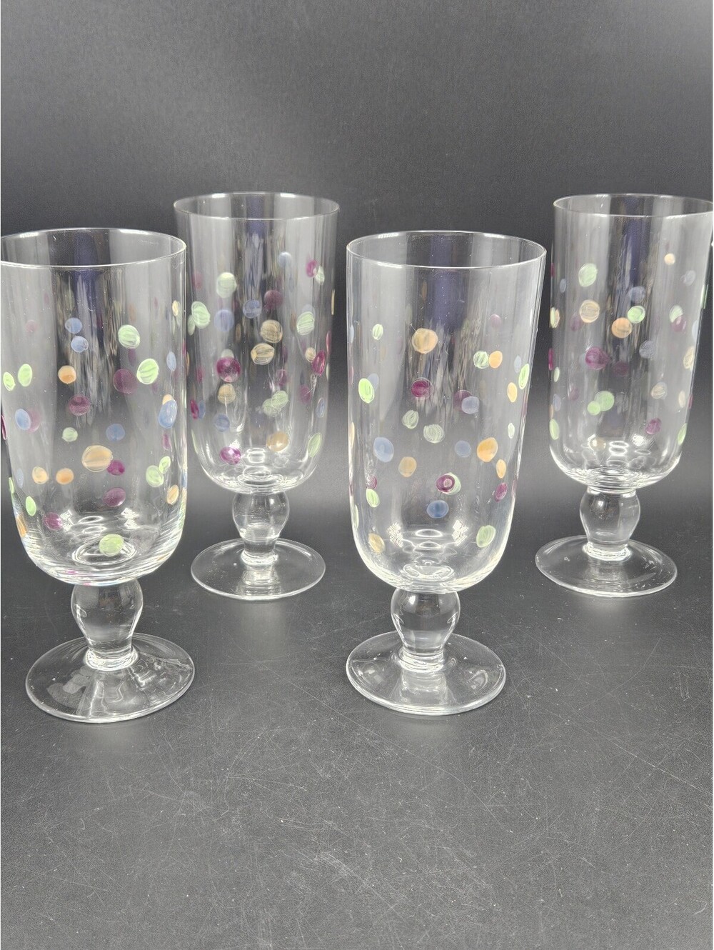 4 Vintage BLOCK Crystal Confetti 8" Water Goblets Blown Applied Textured Glass